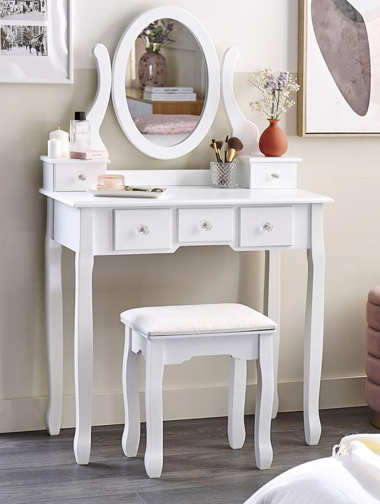 Produktbild Beliani Schminktisch mit ovalem Spiegel Hocker 5 Schubladen weiss GALAXIE (80 x 40 x 137 cm)