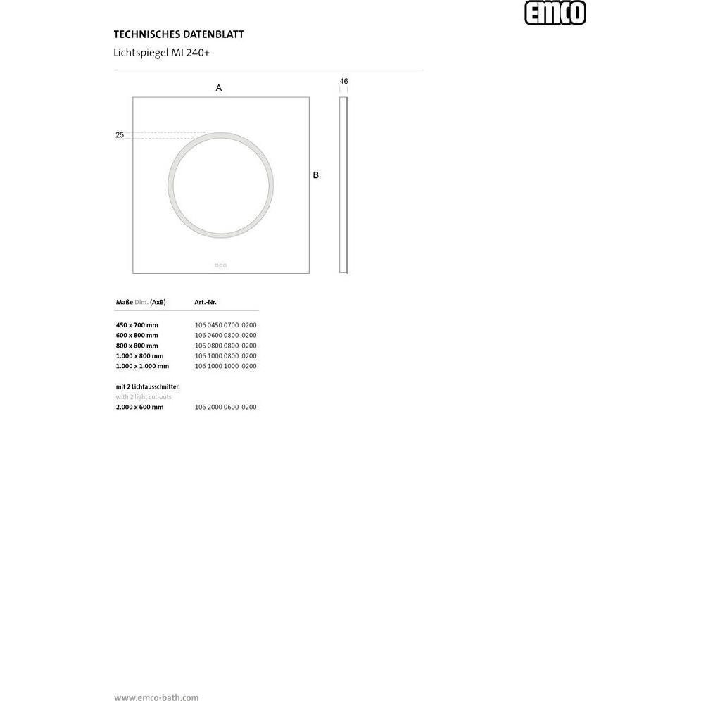 Thumbnail - Emco, Spiegelschrank, MI 240+ LED-Lichtspiegel, 1 Lichtausschnitt rund, Touch-Bedienfeld, 106
