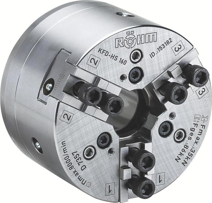 Röhm Kraftspannfutter KFD-HS 140, 3-Backen, Spitzverzahnung 90°, Zylindrische Zentrieraufnahme