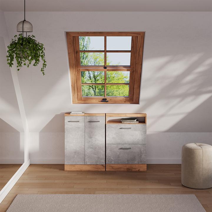 Produktbild Vichy Dachschrägenschrank Rion, Beton/Goldkraft Eiche/Goldkraft Eiche, mit 2 Schubladen (46 x 46 x 81.60 cm)