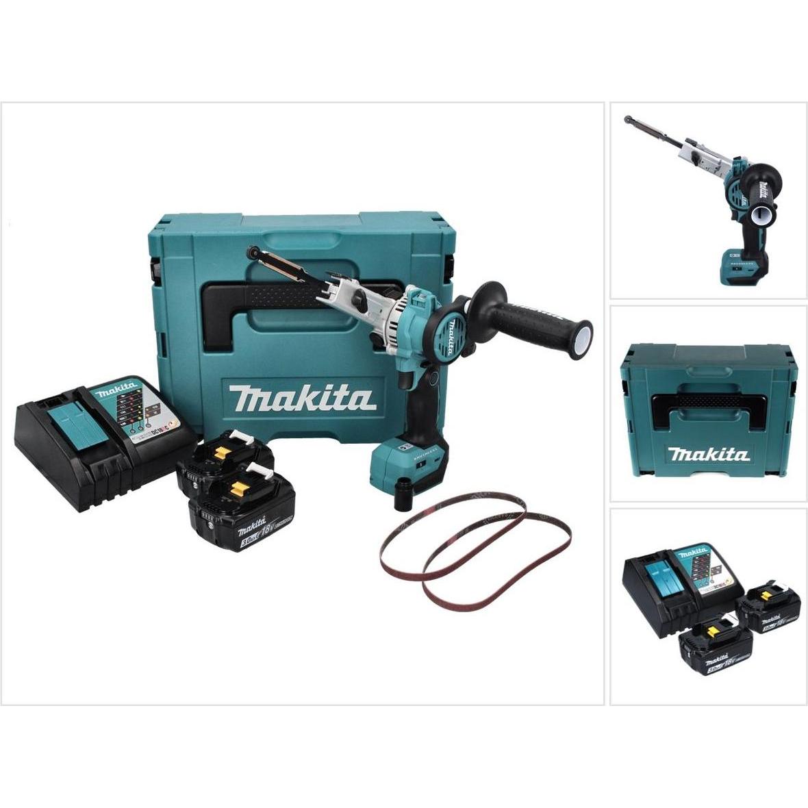Makita, Schleifmaschine + Poliermaschine, DBS 180 RFJ Akku Bandfeile 18 V 9 x 533 mm Brushless + 2x Akku 3,0 Ah + Ladege...