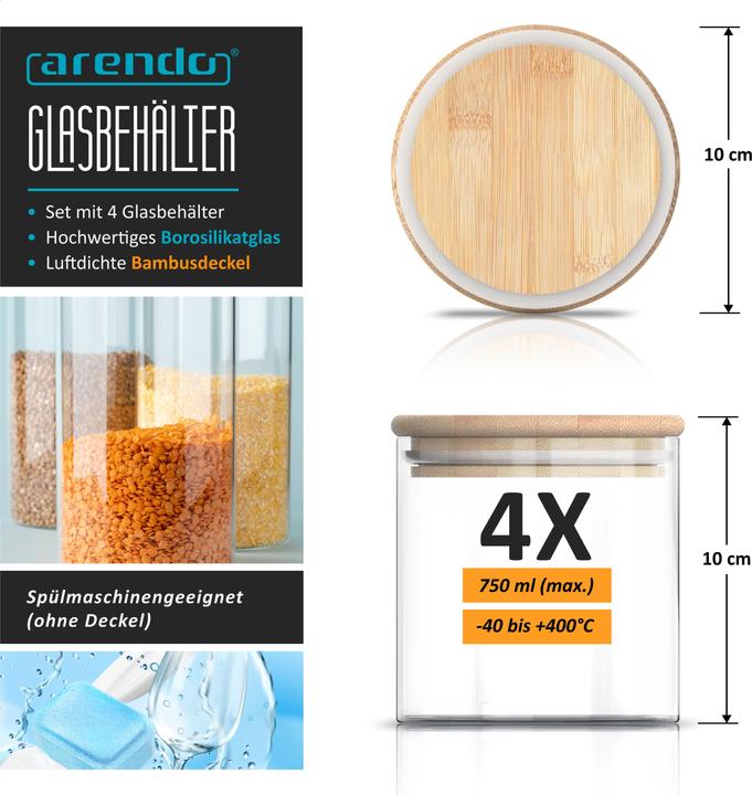 Actual product image Arendo 4x 0,75 L Vorratsgläser, Glasbehälter 4er Set, Borosilikatglas, Bambusdeckel, Vorratsdosen luftdicht (0.75 l)