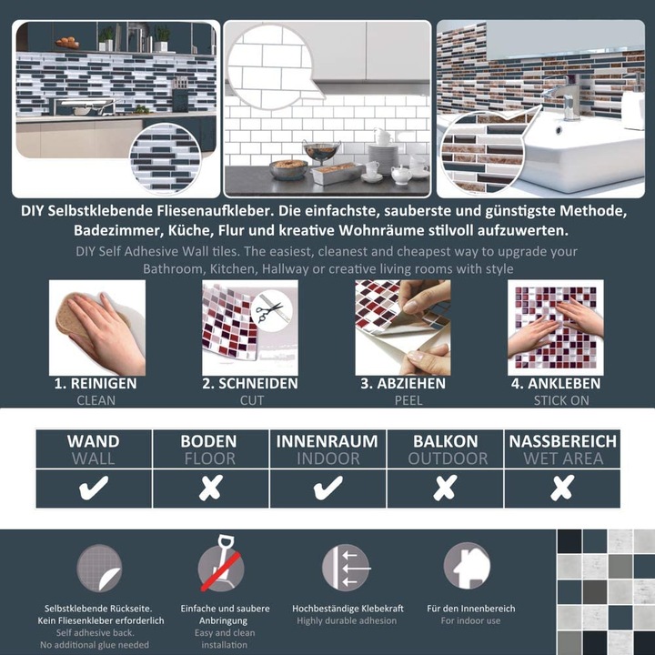 Produktbild Trenddeko 3D Zierfliesen Aufkleber Ornament Blätter (8 x 8 cm)