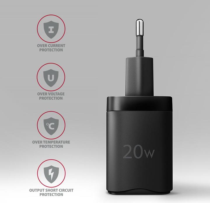 Produktbild Axagon ACU-PD20, charger for wall outlet 20W, 1x USB-C port, PD3.0/PPS/QC4+/AFC/Apple, black (20 W, 1 Port)