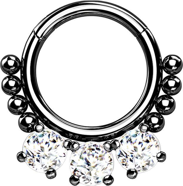 Image du produit Star Piercing Micro anneau segment pliable noir boules et trois cristaux (Acier chirurgical 316L, sans laiton)