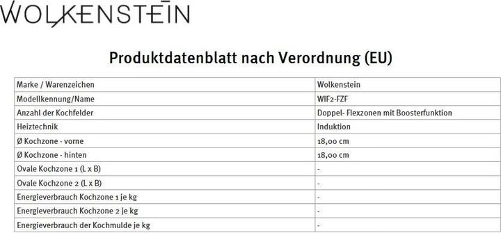 Voedingswaarden en ingrediënten PKM Wolkenstein WIF2-FZF Induktionskochfeld Doppel- Flexzonen Boosterfunktion