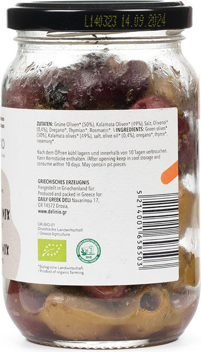 Immagine prodotto Delinio Mix di olive biologiche - Verde e Kalamata - con erbe, senza nocciolo (350 g)