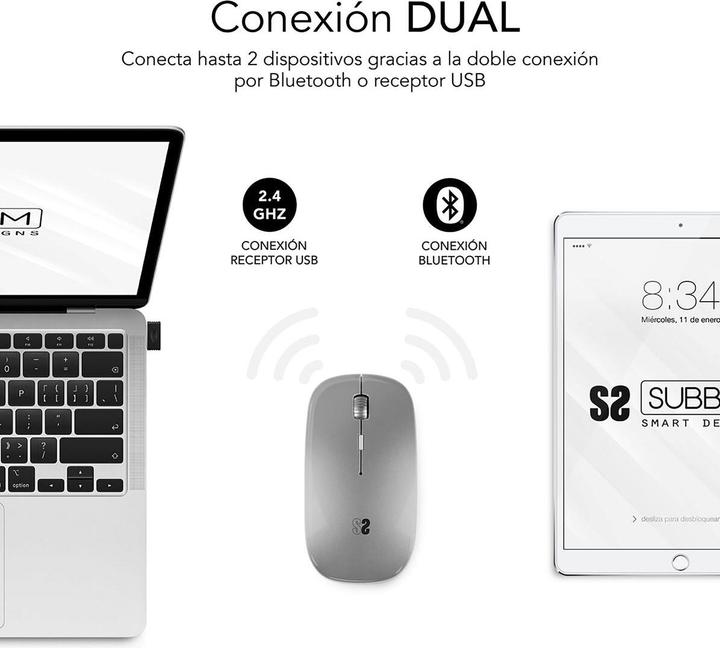 Actual product image Subblim Raton Dual Flat Rate Mouse Silver Rechargeable (Wireless)