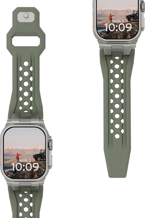 Actual product image UAG Urban Armor Gear Monarch Strap| Apple Watch Ultra/42/44/45/46mm| olive/titanium| (194158117236) (FKM fluoroelastomer, Fluoroelastomer, Rubber, Silicone, Stainless steel)
