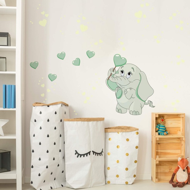 Image du produit Trenddeko Bébé éléphant avec coeurs + autocollants lumineux (38 x 50 cm)