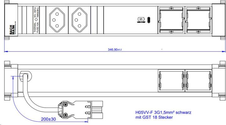 Produktbild Bachmann Einbausteckerleiste POWER FRAME 2x T13, 1x USB-C, 2x Custom (2 x, Typ 13, 0.20 m)