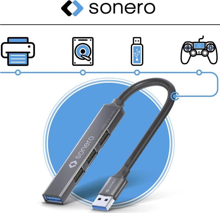 Produktbild Purelink sonero USB 3.2 Gen1x1 Hub - 4 Port USB-A Stecker - 0,50m - Space Grey (USB-A, 4 Ports)