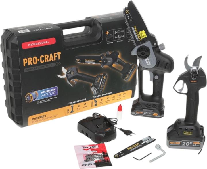 Produktbild Procraft PS210SET Akku Garten Werkzeug Set CCS20 Mini Kettensäge + CP20 Gartenschere 20 V Brushless (Akku Kettensäge)