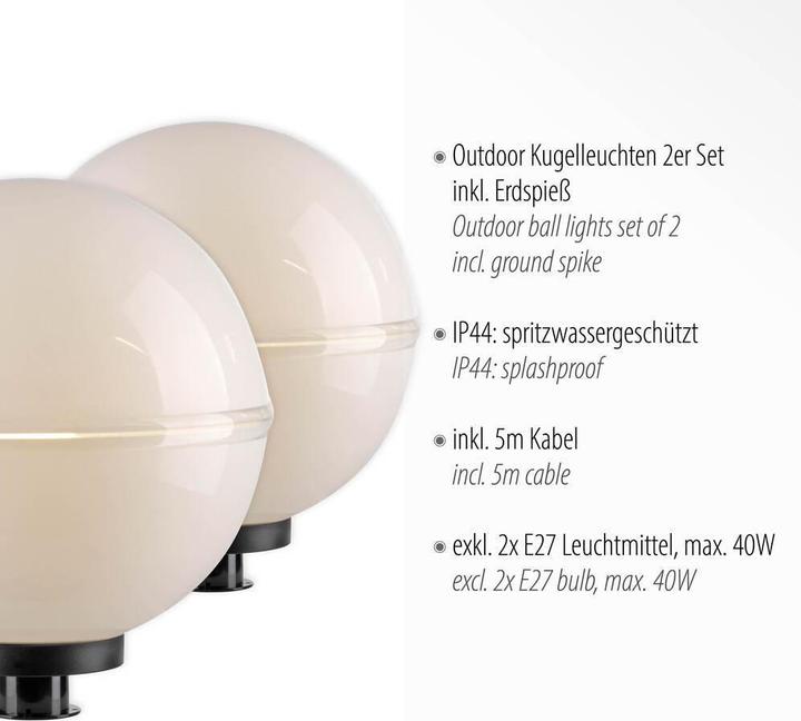 Produktbild Just Light Kugelleuchte Gartenlampe 2er SET Erdspiess, weiss, spritzwasserschutz (E27, IP44)