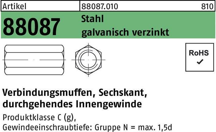 Produktbild Sechskantverbindungsmuffe R 88087 M 6 x 40 SW10 durchg.IG Stahl gal Zn (M6)