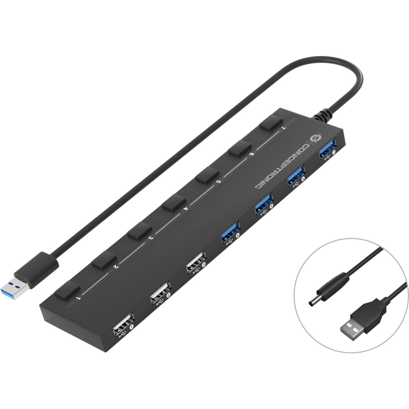 Conceptronic HUBBIES09B (USB-A, 7 Ports), Dockingstation + USB Hub, Schwarz