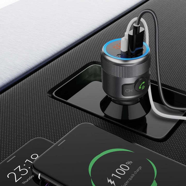 Actual product image Nedis Car Audio FM Transmitter - Fixed - Hands-free - 1" - Amber Screen - Bluetooth - PD 18 W/PD 2