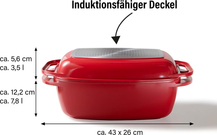 Produktbild Stoneline Bräter 43 x 26 cm mit Deckel, Backofen und Induktion geeignet, Antihaftbeschichtung, rot (Bräter + Schmortopf, Aluminiumguss)