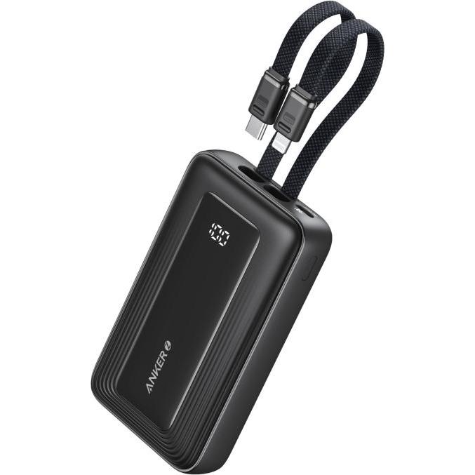 Anker - Power Bank (10K, 30W, Built-In USB-C Lightning Cable) B2C - UN Black (10000 mAh, 30 W), Powerbank, Schwarz