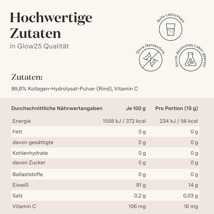 Nährwerte und Zutaten Glow25 Collagen Pulver – mit Vitamin C (1 Stk., Pulver, 450 g)