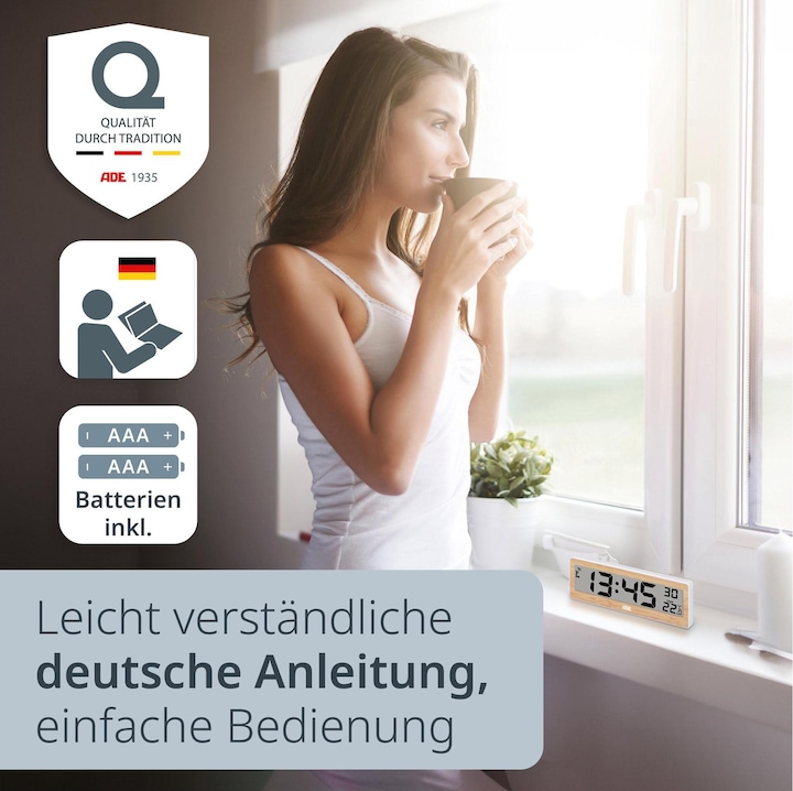 Produktbild ADE Funkuhr DCF mit XXL-Ziffern digital Bambus-Weiss, Form