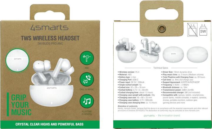 Produktbild 4smarts TWS Bluetooth Kopfhörer SkyBuds Pro ANC (ANC, 20 h, Kabellos)