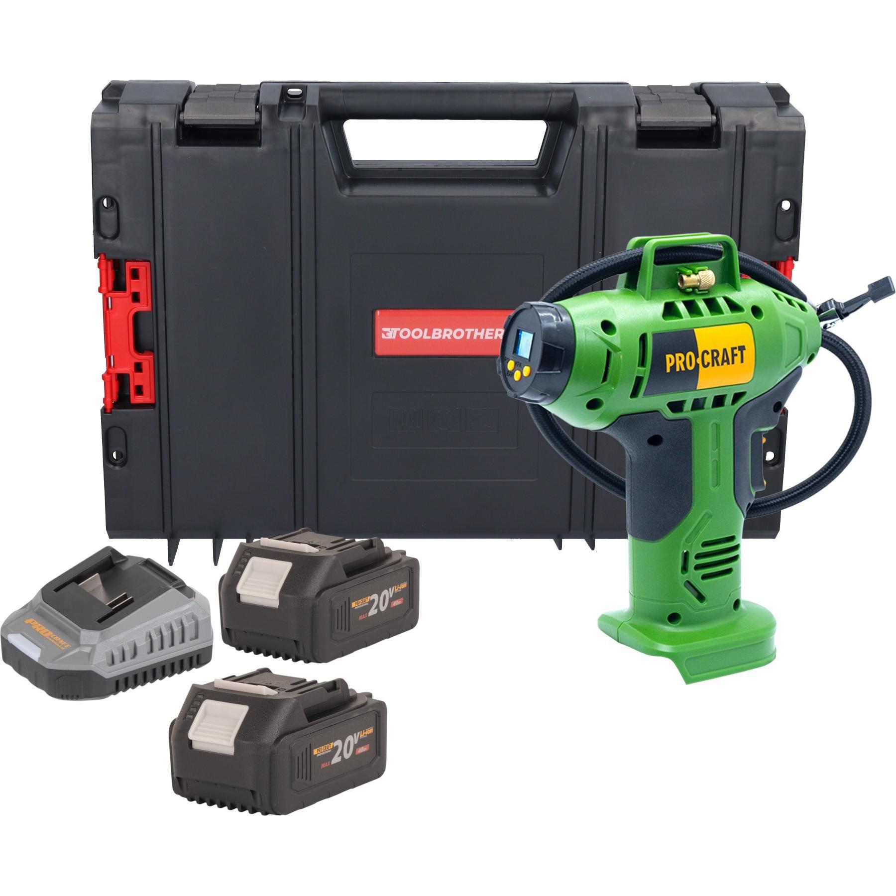 Procraft, Compressore, LK20 Akku Kompressor 20 V 11 bar + 2x Akku 4,0 Ah + Ladegerät + RHINO Toolcase