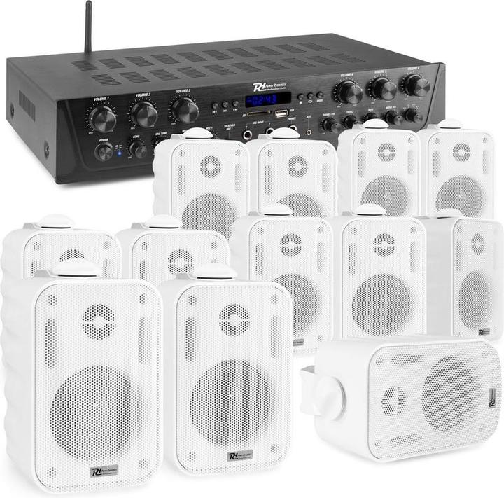 Productafbeelding Power Dynamics met Bluetooth - PV260BT 6-zone audioversterker + 12 BGO30 witte 3 luidsprekers (Actief)