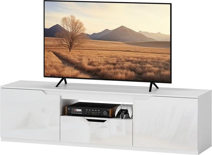 Produktbild Swisshandel24 Hochglanz TV-Lowboard für Fernseher bis 65 Zoll, 3 Fächer, Schublade, Weiss (160 x 38 x 43 cm)