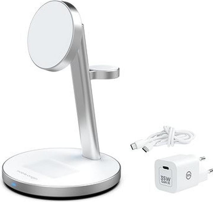 Produktbild Mobile Origin Qi2 PowerStand 3in1 with GAN adapter 35W - white/silver (35 W)