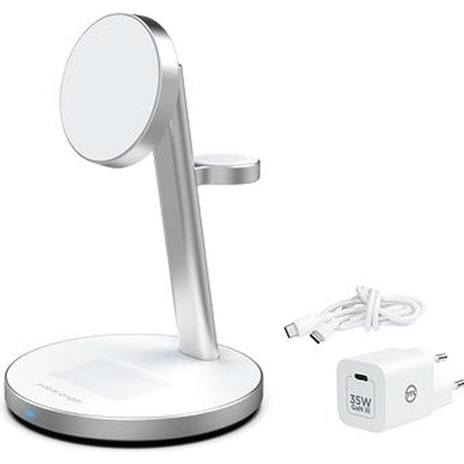 Mobile Origin Qi2 PowerStand 3in1 con adattatore GAN 35W - bianco/argento (35 W), Caricabatteria senza fili, Argento