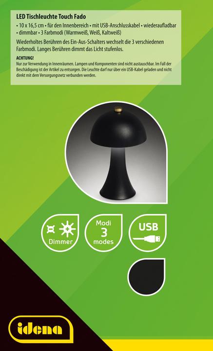 Actual product image Idena LED Tischleuchte Touch Fado Metall schwarz 10x16,5cm Akku USB C dimmbar 3 Modi Innen