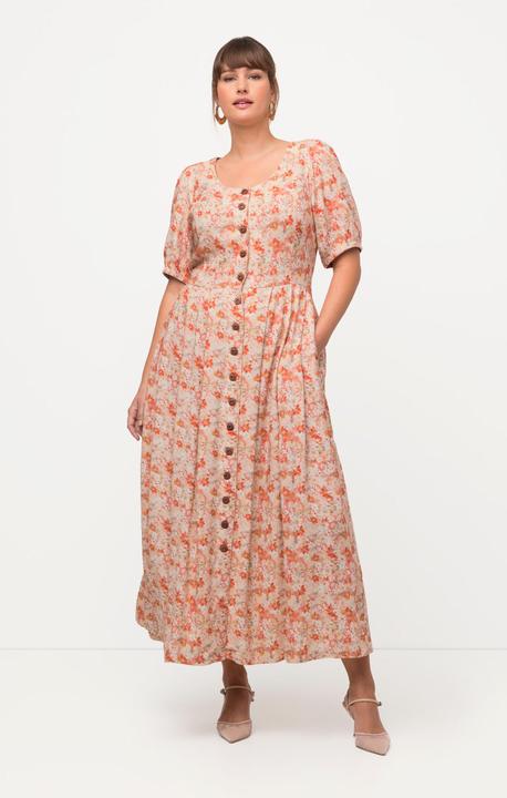 Immagine prodotto Ulla Popken Abito in misto lino in stile Tracht con fiori, scollo a girocollo e mezze maniche (46)