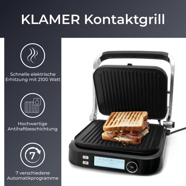Produktbild KLAMER Kontaktgrill mit 7 Automatikprogramme 2100W starker Plattengriller