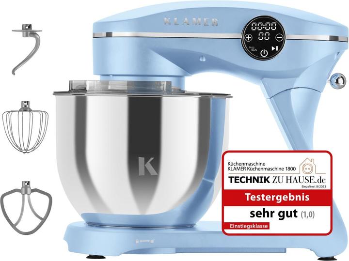 KLAMER Küchenmaschine, Knetmaschine mit 6 Liter Edelstahl Schüssel (1800 W)