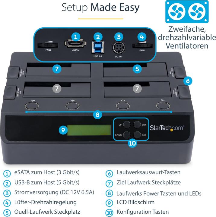 Produktbild StarTech 4 Bay Festplatten Kopierstation USB 3.0 / eSATA auf SATA - HDD 1:3 Duplikator - Standalone Festpl...
