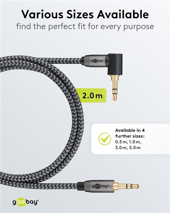 Produktbild Goobay Audio Verbindungskabel AUX, 3,5 mm stereo, 90°, 2 m, Sharkskin Grey (2 m, 3.5mm Klinke (AUX))