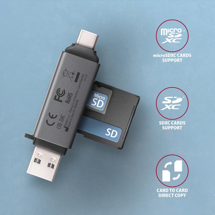 Actual product image Axagon CRE-DAC External USB 3.2 Gen1 Type-C+Type-A 2-slot SD/microSD (USB 3.2)