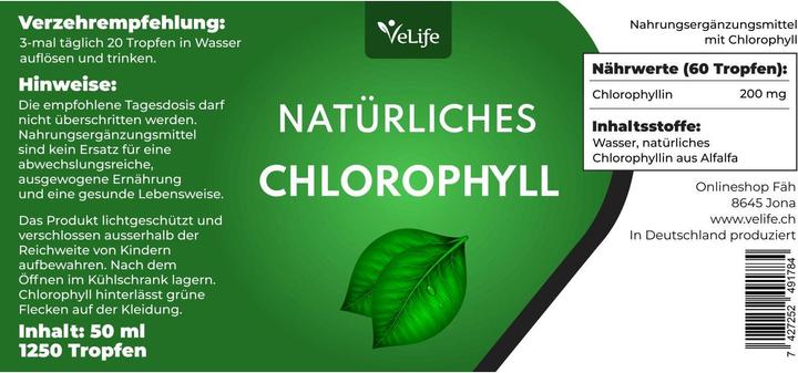Nutritional values and ingredients VeLife Chlorophyll Tropfen (1 Piece, Droplet, 128 g)