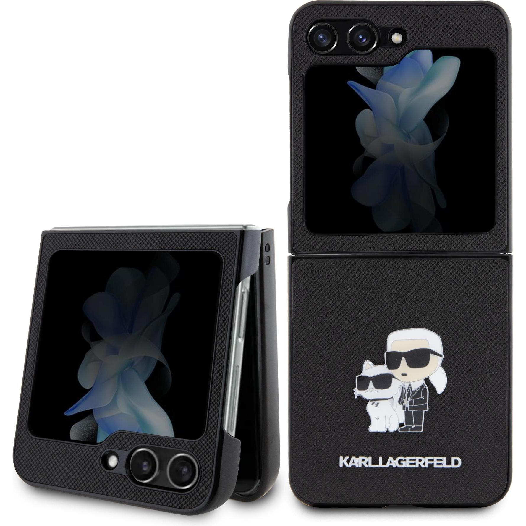 Karl Lagerfeld KLHCZF5SAKCNPK Sam Z Flip5 F731 valigetta rigida in pelle nera Saffiano Karl&Choupette Pin (Samsung Galaxy Z Flip5), Cover smartphone, 