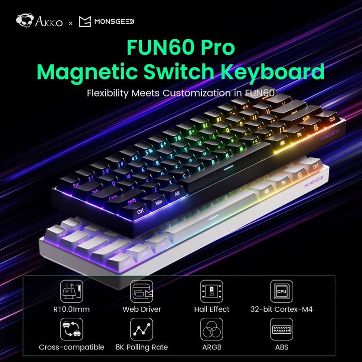 Actual product image Akko MonsGeek FUN60 Pro Wireless Gaming-Tastatur, RGB, Glare Magnetic Switch – weiss, ANSI (US) (US, Cable, Wireless)