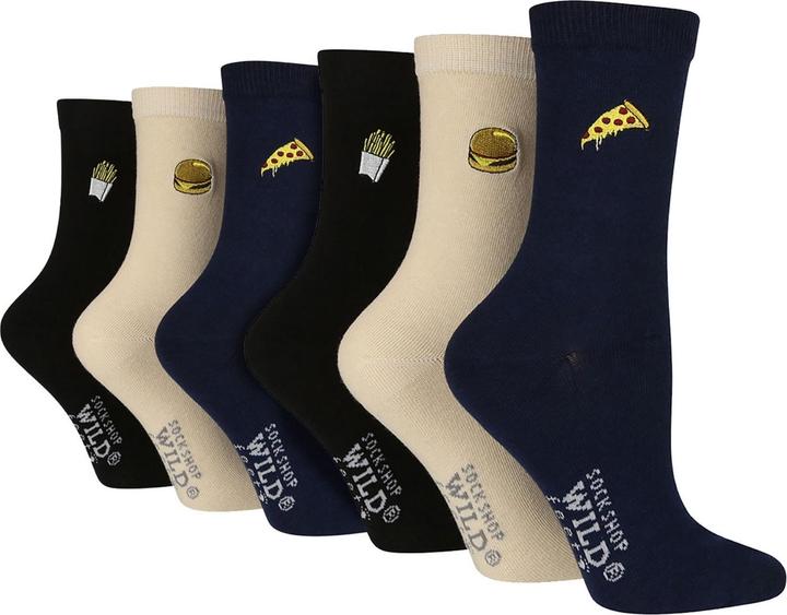 Wildfeet 6 Paar Socken Baumwolle Schwarz | Crew Neuheit Socken Bestickte (6er Pack, 37 - 42)