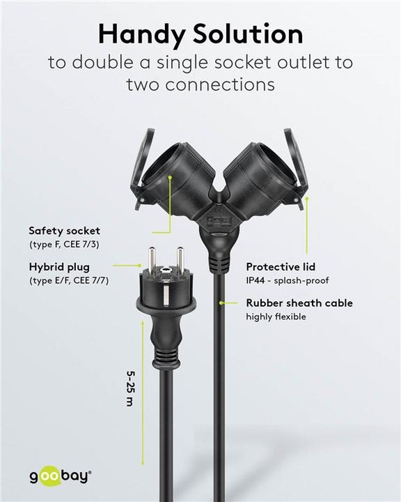 Produktbild Goobay Doppel-Verlängerungskabel Outdoor (5 m, CEE 7/3)