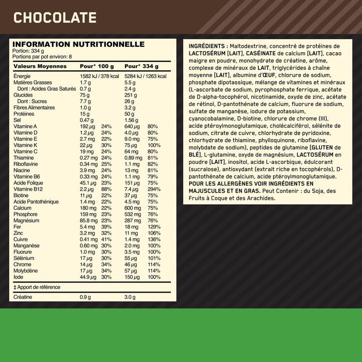 Valeurs nutritives et ingrédients Optimum Nutrition Serious Mass (Chocolate, 1 x, 3022 g)
