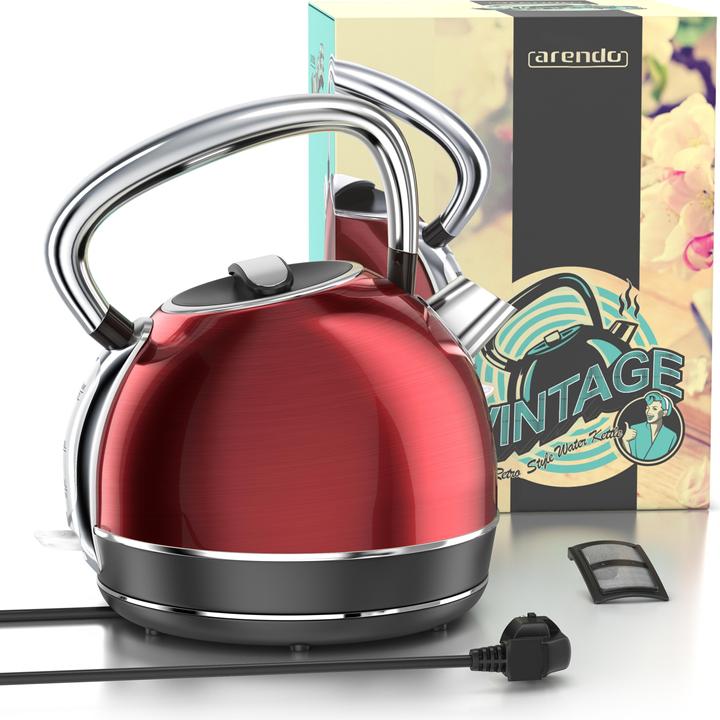 Actual product image Arendo Kettle 1.7 l, 2200 W, stainless steel, retro style, vintage, overheat & dry boil protection, red (1.70 l)