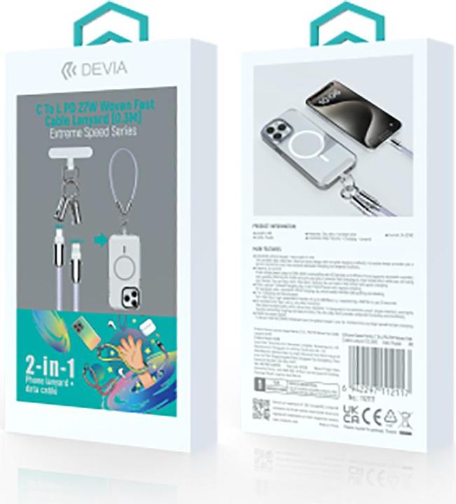 Image du produit Devia câble lanyard 2in1 PD USB-C - Lightning 0,3 m 27W violet (0.30 m, USB 3.2 Gen 2, 27 W)