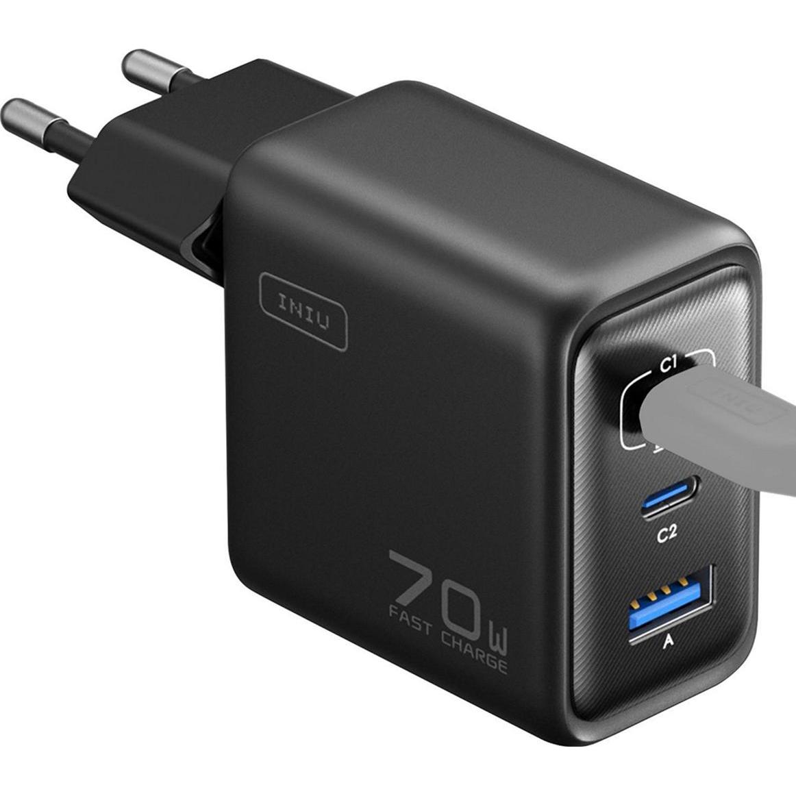 INIU 70W GaN Ladegerät 2x USB-C/USB-A (70 W), Caricatore USB, Nero