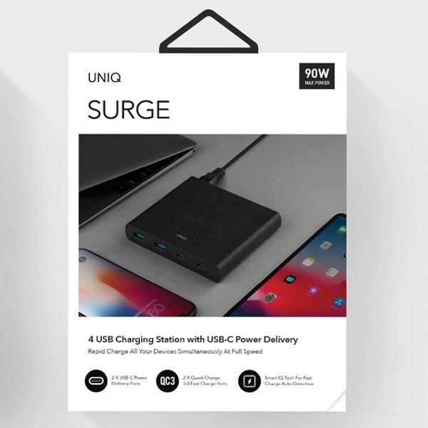Produktbild Uniq HUB Surge Charger 2x USB Quick Charge 3.0 + 2x USB-C PD 3.0 90W Juoda (90 W, 4 Ports)