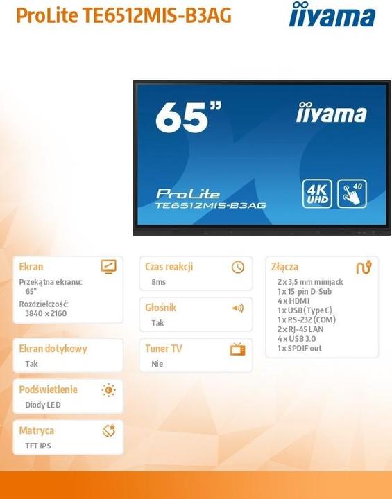 Produktbild iiyama TE6512MIS-B3AG Touch 65" UHD (3840 x 2160 Pixel, 65")