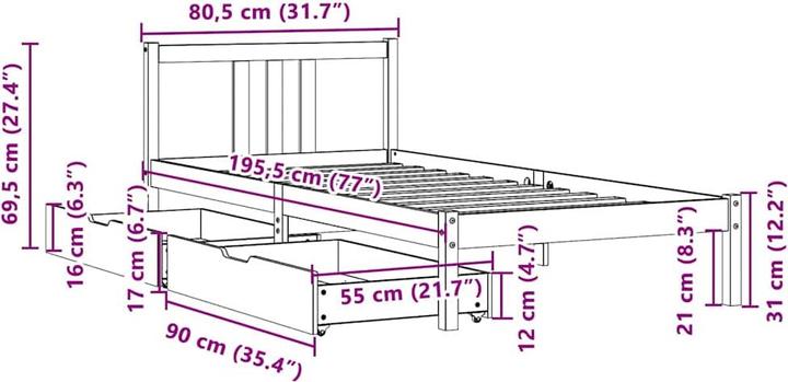 Produktbild vidaXL Bettrahmen (75 x 190 cm)